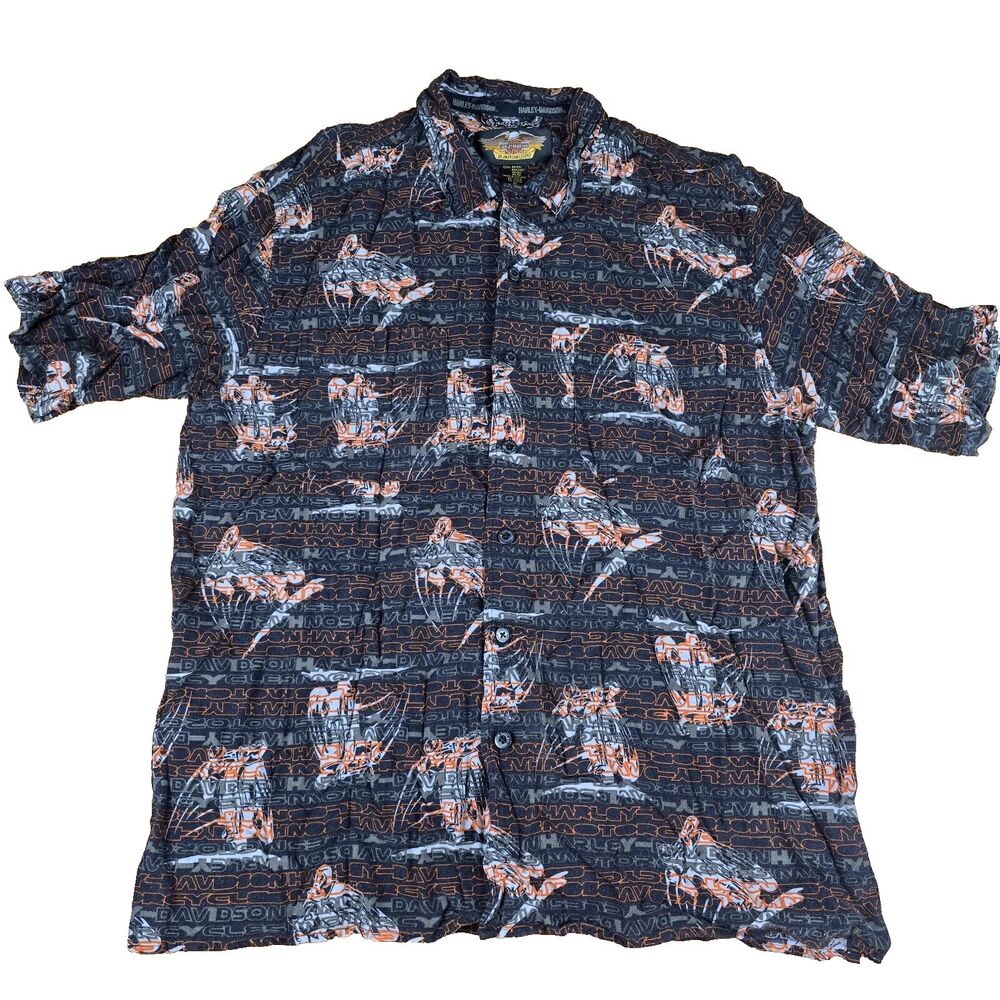 Vintage Harley Davidson Shirt Mens XL All Over Motorcycle Print Hawaiian Biker